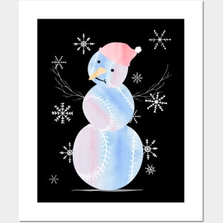 Cute Watercolor Pastel I Love Softball Snowman in light blue, pink and purple Posters and Art